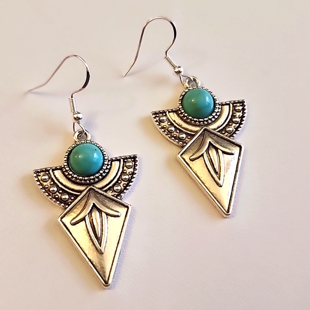 Tribal Boho Earrings 925S Posts Simulated Turquoise EP